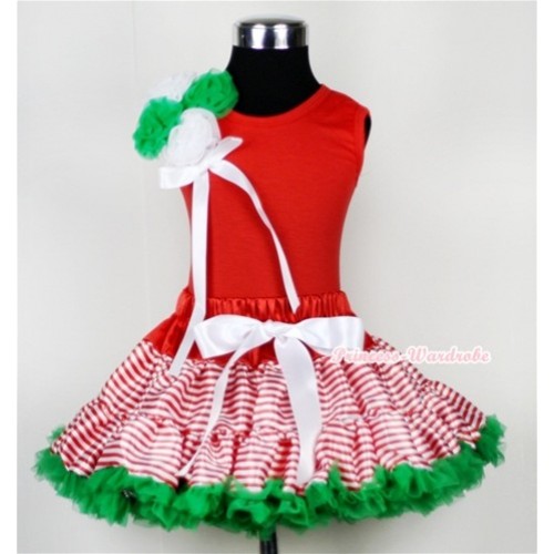 Red White Striped mix Christmas Green Pettiskirt with a Bunch of Kelly Green & White Rosettes and White Bow Red Tank Top M454 