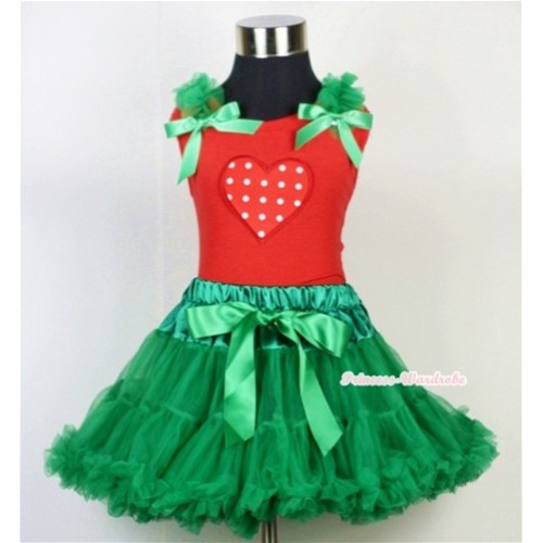 Kelly Green Pettiskirt & Red White Polka Dots Heart Print Red Tank Top with Kelly Green Ruffles and Bow CM106 