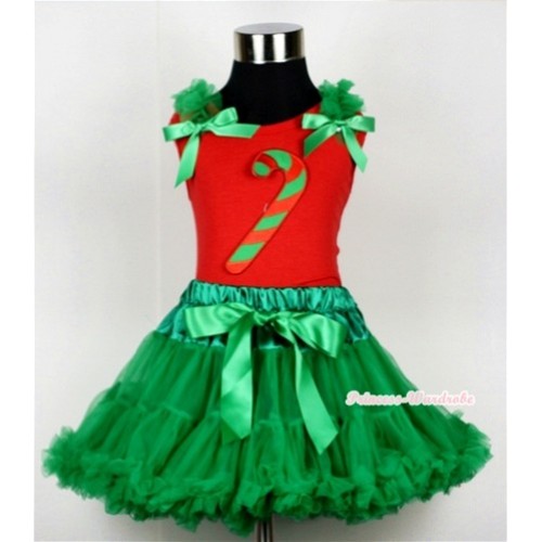 Kelly Green Pettiskirt & Christmas Stick Print Red Tank Top with Kelly Green Ruffles and Bow CM107 