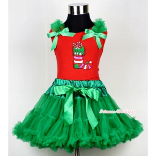 Kelly Green Pettiskirt & Christmas Stocking Print Red Tank Top with Kelly Green Ruffles and Bow CM108 