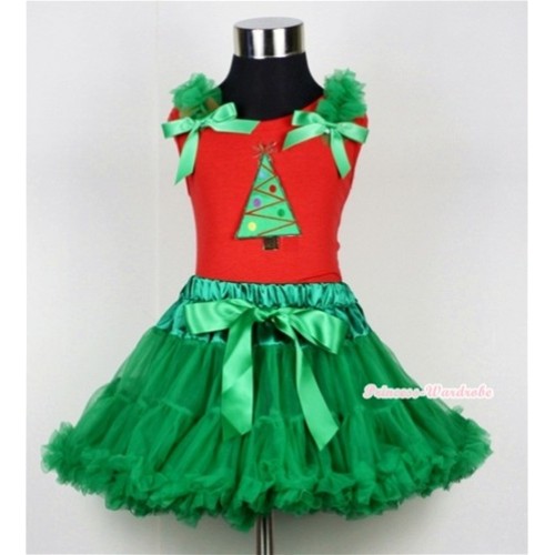 Kelly Green Pettiskirt & Christmas Tree Print Red Tank Top with Kelly Green Ruffles and Bow CM111 