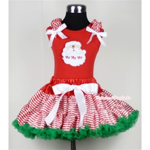 Red White Striped mix Christmas Green Pettiskirt & Santa Claus Print Red Tank Top with Red White Striped Ruffles and White Bow CM114 
