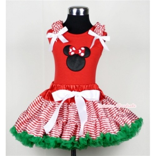 Red White Striped mix Christmas Green Pettiskirt & Minnie Print Red Tank Top with Red White Striped Ruffles and White Bow CM115 