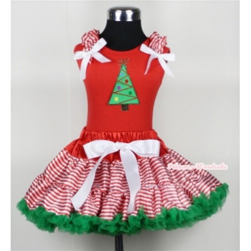 Red White Striped mix Christmas Green Pettiskirt & Christmas Tree Print Red Tank Top with Red White Striped Ruffles and White Bow CM116 