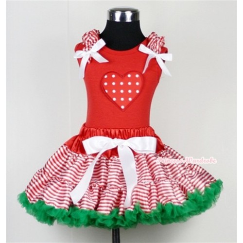 Red White Striped mix Christmas Green Pettiskirt & Red White Polka Dots Heart Print Red Tank Top with Red White Striped Ruffles and White Bow CM117 