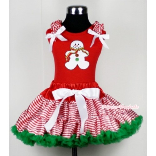 Red White Striped mix Christmas Green Pettiskirt & Christmas Gingerbread Snowman Print Red Tank Top with Red White Striped Ruffles and White Bow CM118 