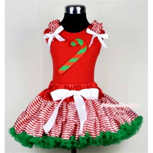Red White Striped mix Christmas Green Pettiskirt & Christmas Stick Print Red Tank Top with Red White Striped Ruffles and White Bow CM119 