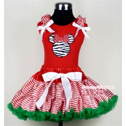 Red White Striped mix Christmas Stocking Pettiskirt & Zebra Minnie Print Red Tank Top with Red White Striped Ruffles and White Bow CM120 