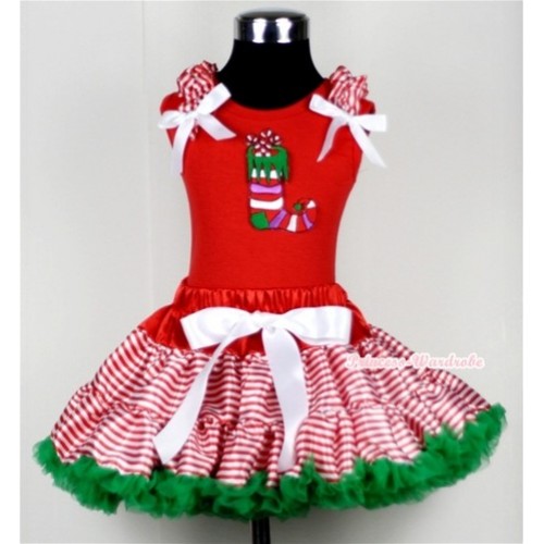Red White Striped mix Christmas Pettiskirt & Christmas Stocking Print Red Tank Top with Red White Striped Ruffles and White Bow CM121 