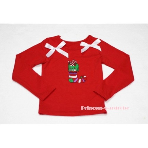 Christmas Sock Red Long Sleeves Top with White Ribbon TW88 
