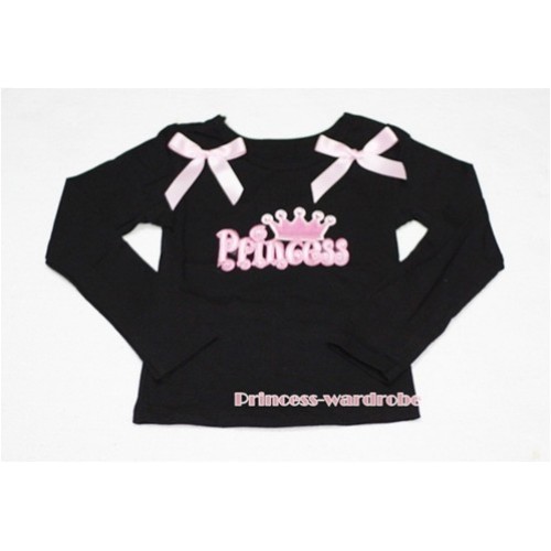 Black Long Sleeves Top with Crown Princess Logo Print with Pink Ribbon TW94 