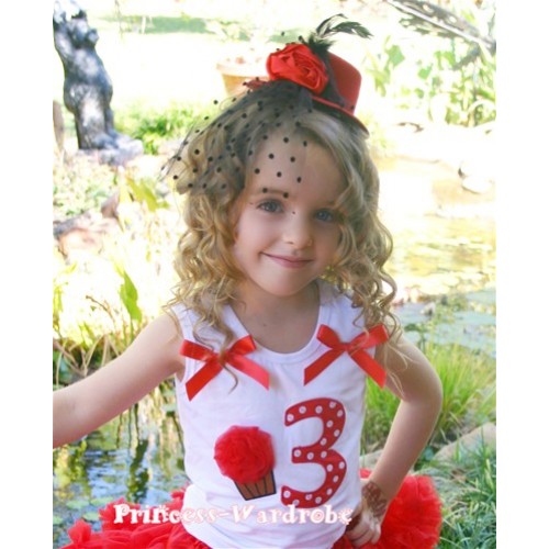 3rd Birthday White Tank Top with Red White Polka Dots Print number and Red Rosettes Cupcake and red Ribbon, Ruffles TM12 