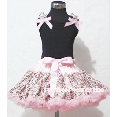 Pink Ribbon and Pink Leopard Ruffles Black Tank Top with Pink Leopard Pettiskirt M359 