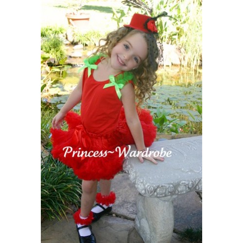 Red Pettiskirt with Matching Red Tank Top with Dark Green Bow and Ruffles M364 