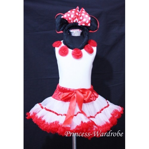 White Tank Top with Red Rosettes & Red White Trim Pettiskirt & Mickey Headband HM10 
