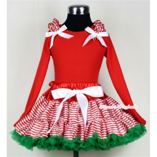 Red White Striped mix Christmas Green Pettiskirt  with Matching Red Long Sleeves Top with & Red White Striped Ruffles & White Bow MB08 