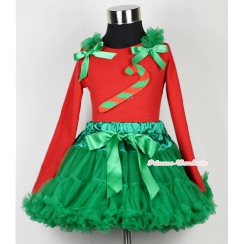 Kelly Green Pettiskirt  with Christmas Stick Print Red Long Sleeves Top with Kelly Green Ruffles & Kelly Green Bow MB09 