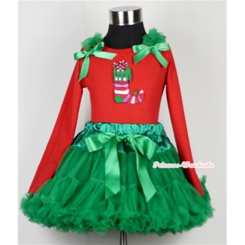 Kelly Green Pettiskirt  with Christmas Stocking Print Red Long Sleeves Top with Kelly Green Ruffles & Kelly Green Bow MB11 