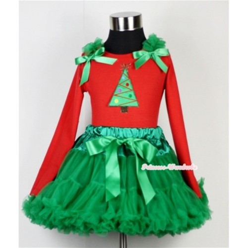 Kelly Green Pettiskirt  with Christmas Tree Print Red Long Sleeves Top with Kelly Green Ruffles & Kelly Green Bow MB12 