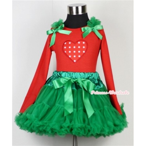 Kelly Green Pettiskirt  with Red White Polka Dots Heart Print Red Long Sleeves Top with Kelly Green Ruffles & Kelly Green Bow MB13 