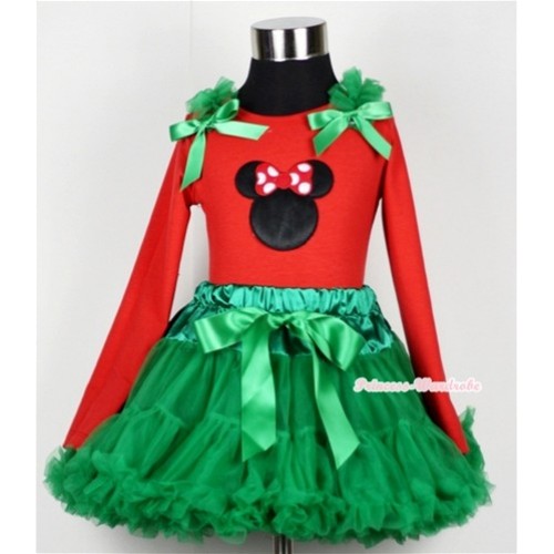 Kelly Green Pettiskirt  with Minnie Print Red Long Sleeves Top with Kelly Green Ruffles & Kelly Green Bow MB14 