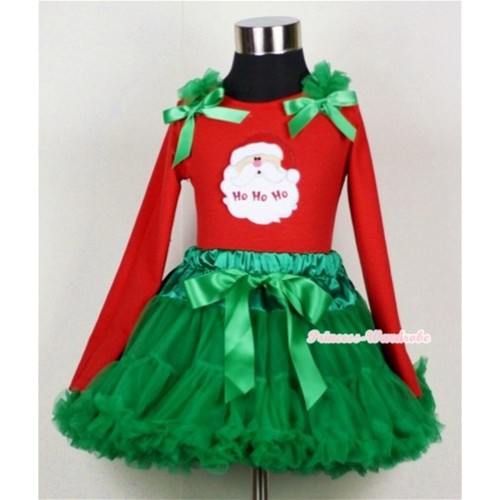 Kelly Green Pettiskirt with Santa Claus Print Red Long Sleeves Top with Kelly Green Ruffles & Kelly Green Bow MB15 