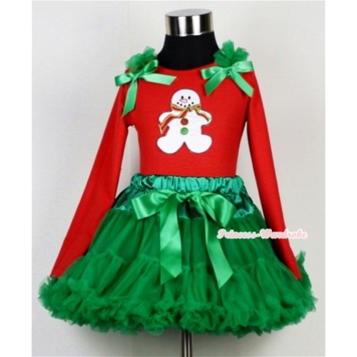 Kelly Green Pettiskirt with Christmas Gingerbread Snowman Print Red Long Sleeves Top with Kelly Green Ruffles & Kelly Green Bow MB16 