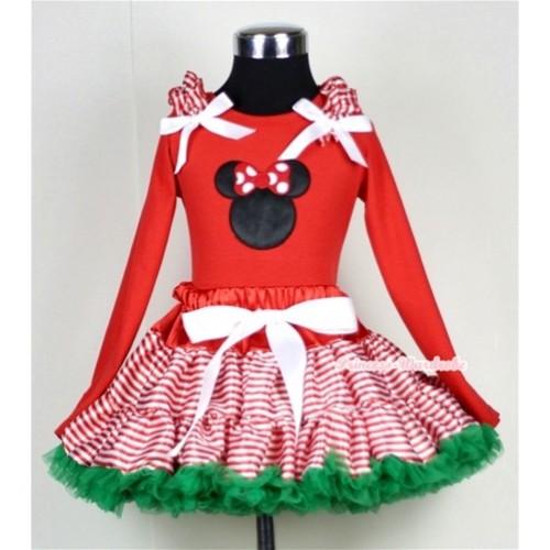 Red White Striped mix Christmas Green Pettiskirt with Minnie Print Red Long Sleeves Top with Red White Striped Ruffles and White Bow MB17 
