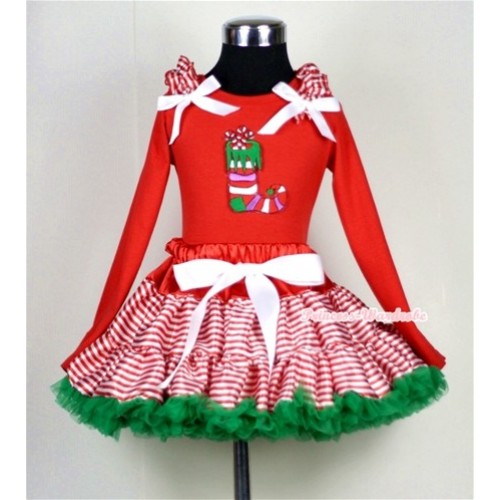 Red White Striped mix Christmas Green Pettiskirt with Christmas Stocking Print Red Long Sleeves Top with Red White Striped Ruffles and White Bow MB18 