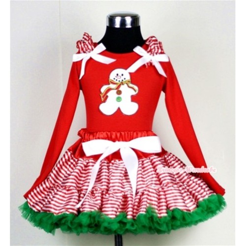 Red White Striped mix Christmas Green Pettiskirt with Christmas Gingerbread Snowman Print Red Long Sleeves Top with Red White Striped Ruffles and White Bow MB19 