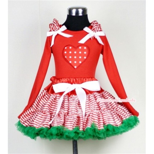 Red White Striped mix Christmas Green Pettiskirt with Red White Polka Dots Heart Print Red Long Sleeves Top with Red White Striped Ruffles and White Bow MB20 