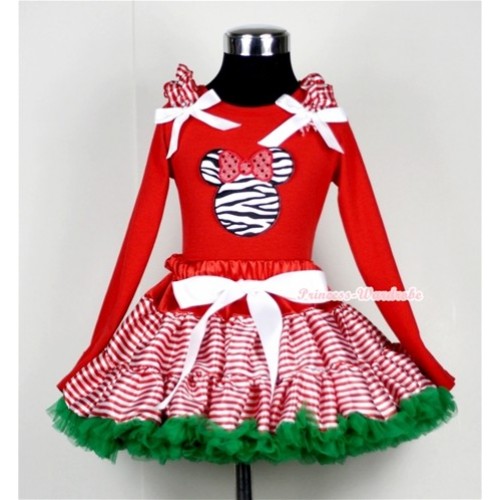 Red White Striped mix Christmas Green Pettiskirt with Zebra Minnie Print Red Long Sleeves Top with Red White Striped Ruffles and White Bow MB23 