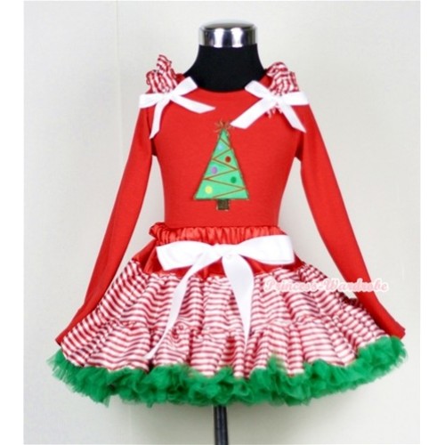 Red White Striped mix Christmas Green Pettiskirt with Christmas Tree Print Red Long Sleeves Top with Red White Striped Ruffles and White Bow MB24 