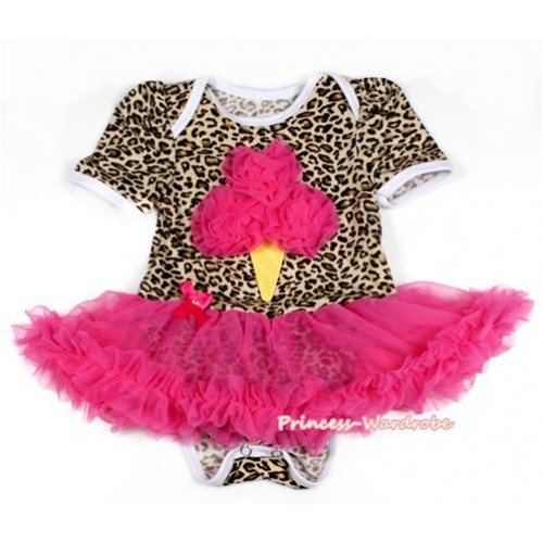 Leopard Baby Bodysuit Jumpsuit Hot Pink Pettiskirt with Hot Pink Rosettes Ice Cream Print JS2089 