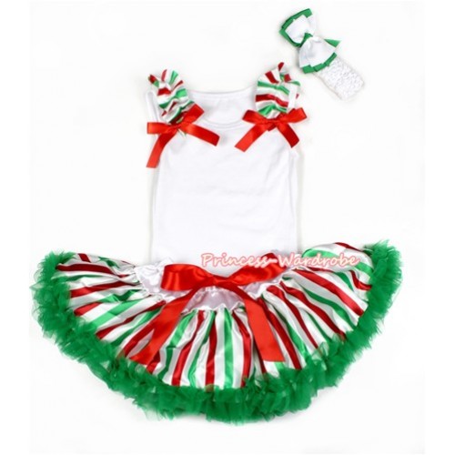 White Baby Pettitop With Red White Green Striped Ruffles & Red Bows with Red White Green Striped Newborn Pettiskirt NG1291 