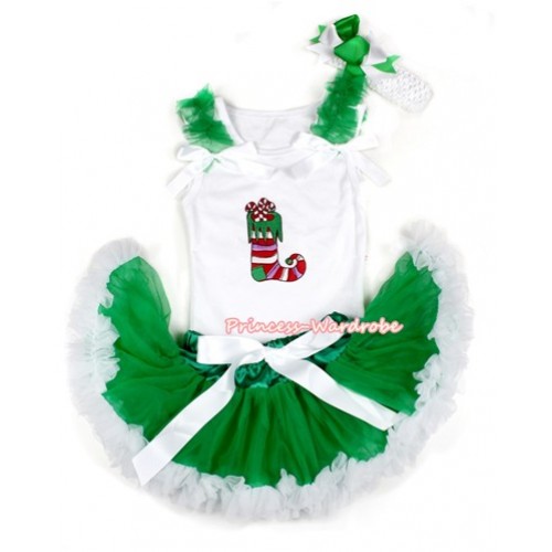 Xmas White Baby Pettitop with Christmas Stocking Print with Kelly Green Ruffles & White Bow with Kelly Green White Newborn Pettiskirt NN80 