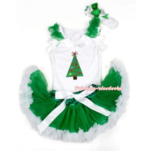 Xmas White Baby Pettitop with Christmas Tree Print with Kelly Green Ruffles & White Bow with Kelly Green White Newborn Pettiskirt NN81 