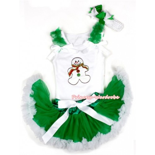 Xmas White Baby Pettitop with Christmas Gingerbread Snowman Print with Kelly Green Ruffles & White Bow with Kelly Green White Newborn Pettiskirt NN83 