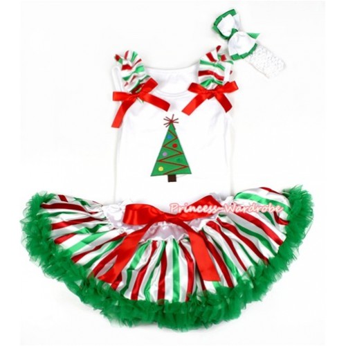 Xmas White Baby Pettitop with Christmas Tree Print with Red White Green Striped Ruffles & Red Bow with Red White Green Striped Newborn Pettiskirt NN86 