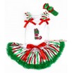 Xmas White Baby Pettitop with Christmas Stocking Print with Red White Green Striped Ruffles & Red Bow with Red White Green Striped Newborn Pettiskirt NN89 