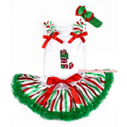 Xmas White Baby Pettitop with Christmas Stocking Print with Red White Green Striped Ruffles & Red Bow with Red White Green Striped Newborn Pettiskirt NN89 