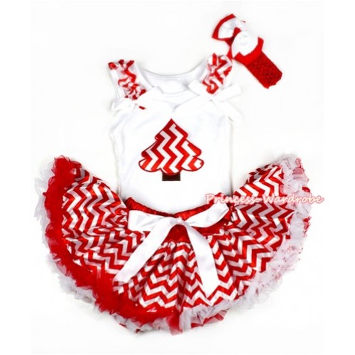 Xmas White Baby Pettitop with Red White Wave Christmas Tree Print with Red White Wave Ruffles & White Bow with Red White Wave Newborn Pettiskirt NN90 