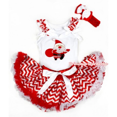 Xmas White Baby Pettitop with Gift Bag Santa Claus Print with Red White Wave Ruffles & White Bow with Red White Wave Newborn Pettiskirt NN91 