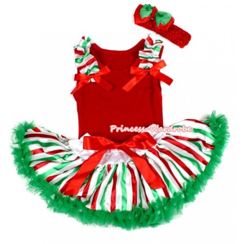 Xmas Red Baby Pettitop With Red White Green Striped Ruffles & Red Bows with Red White Green Striped Newborn Pettiskirt NG1293 