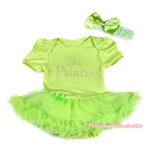 Xmas Light Green Baby Bodysuit Jumpsuit Light Green Pettiskirt With Sparkle Crystal Bling Princess Print  With Light Green Headband Light Green Satin Bow JS2102 