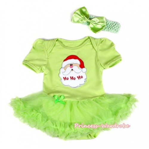 Xmas Light Green Baby Bodysuit Jumpsuit Light Green Pettiskirt With Santa Claus Print With Light Green Headband Light Green Satin Bow JS2104 