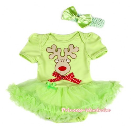 Xmas Light Green Baby Bodysuit Jumpsuit Light Green Pettiskirt With Christmas Reindeer Print & Minnie Dots Bow With Light Green Headband Light Green Satin Bow JS2105 