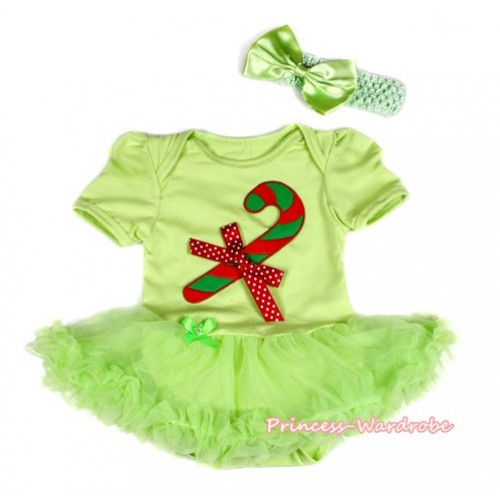 Xmas Light Green Baby Bodysuit Jumpsuit Light Green Pettiskirt With Christmas Stick Print & Minnie Dots Bow With Light Green Headband Light Green Satin Bow JS2106 