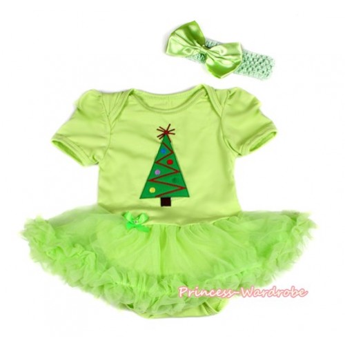 Xmas Light Green Baby Bodysuit Jumpsuit Light Green Pettiskirt With Christmas Tree Print  With Light Green Headband Light Green Satin Bow JS2107 