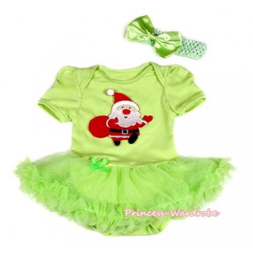 Xmas Light Green Baby Bodysuit Jumpsuit Light Green Pettiskirt With Gift Bag Santa Claus Print With Light Green Headband Light Green Satin Bow JS2108 